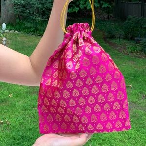 Indian 100% Silk Pouch Pink w/ Gold Detailing